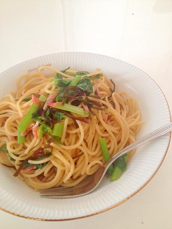 菜の花と昆布の和風スープパスタ