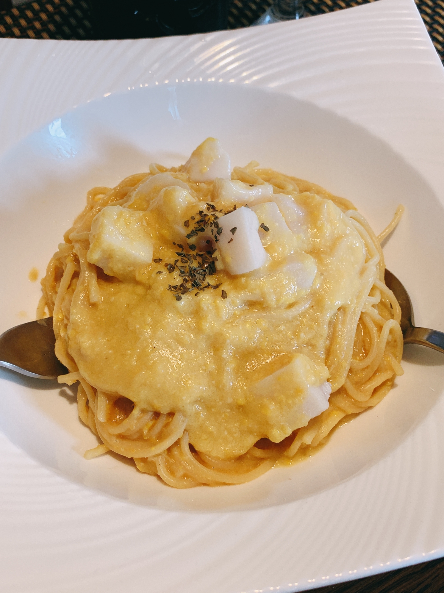 ホタテととうもろこしの豆乳クリームパスタ