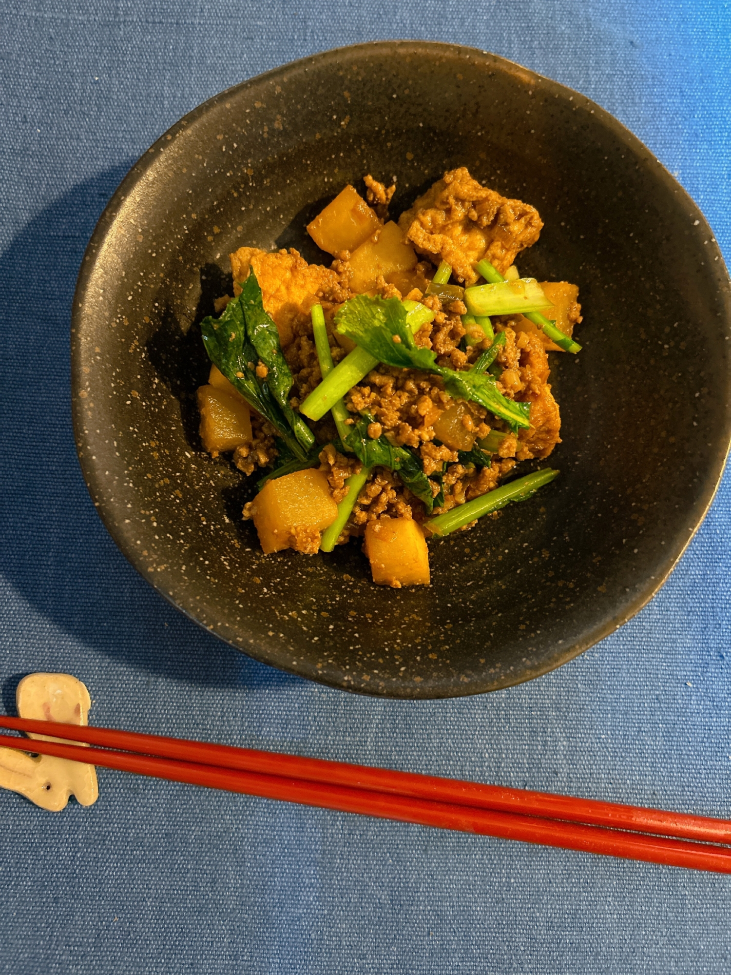 大根 厚揚げとひき肉のにんにく味噌炒め