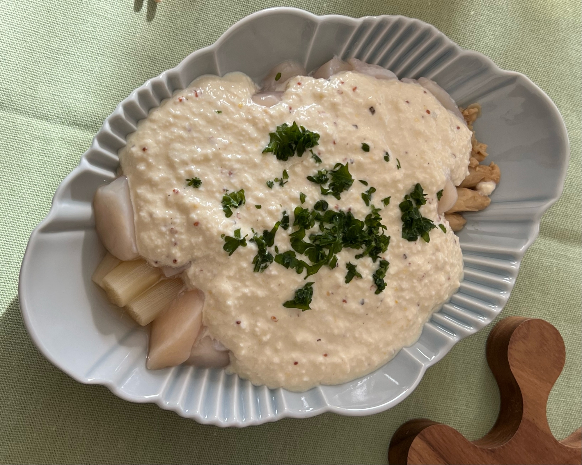 ホワイトアスパラとホタテ貝柱の豆腐ソース