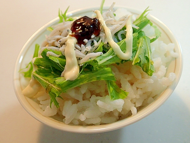 麺つゆ/マヨ/海苔佃煮で　水菜と釜揚げシラスのご飯