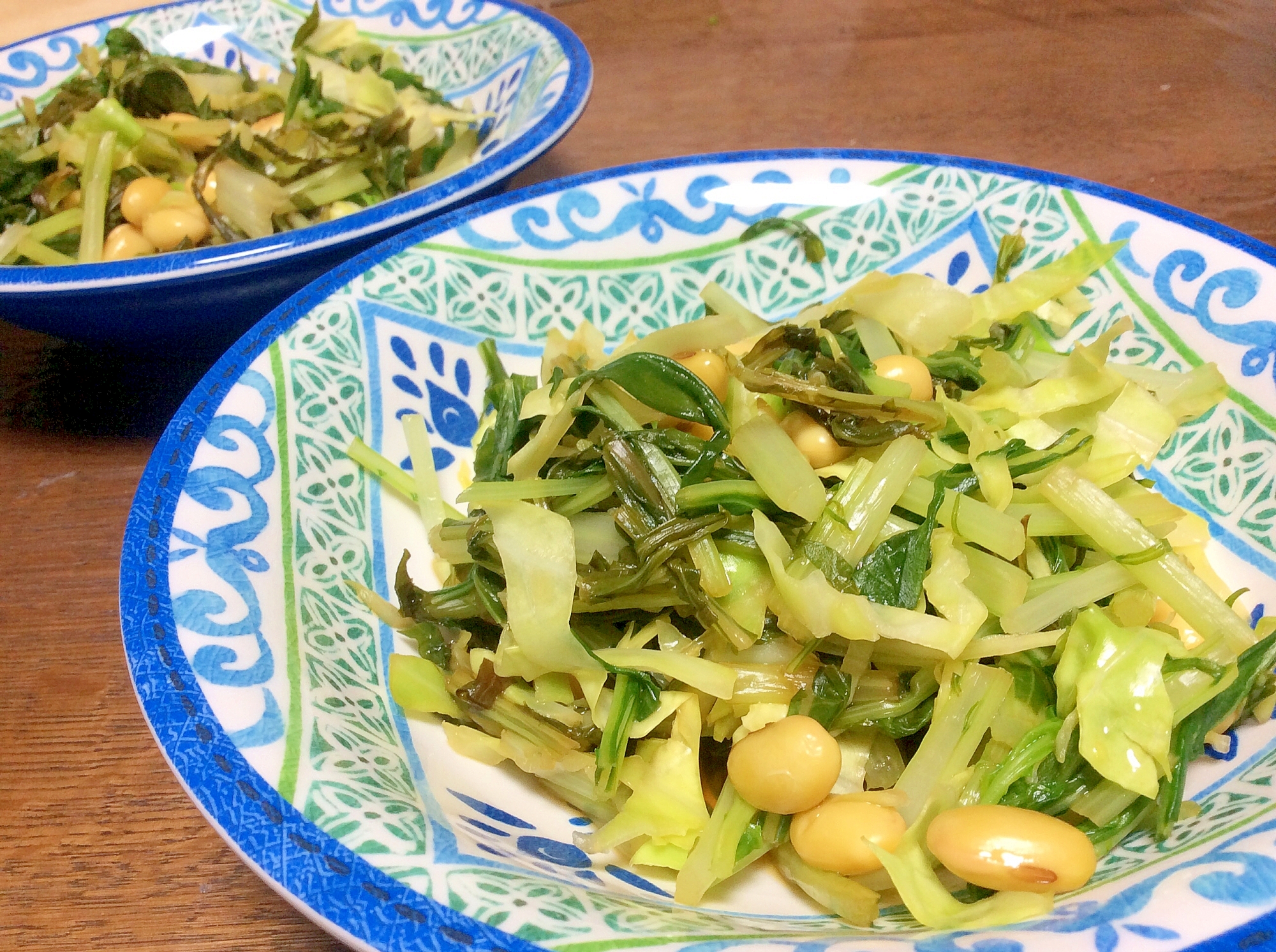 水菜とキャベツと水煮大豆のお浸し