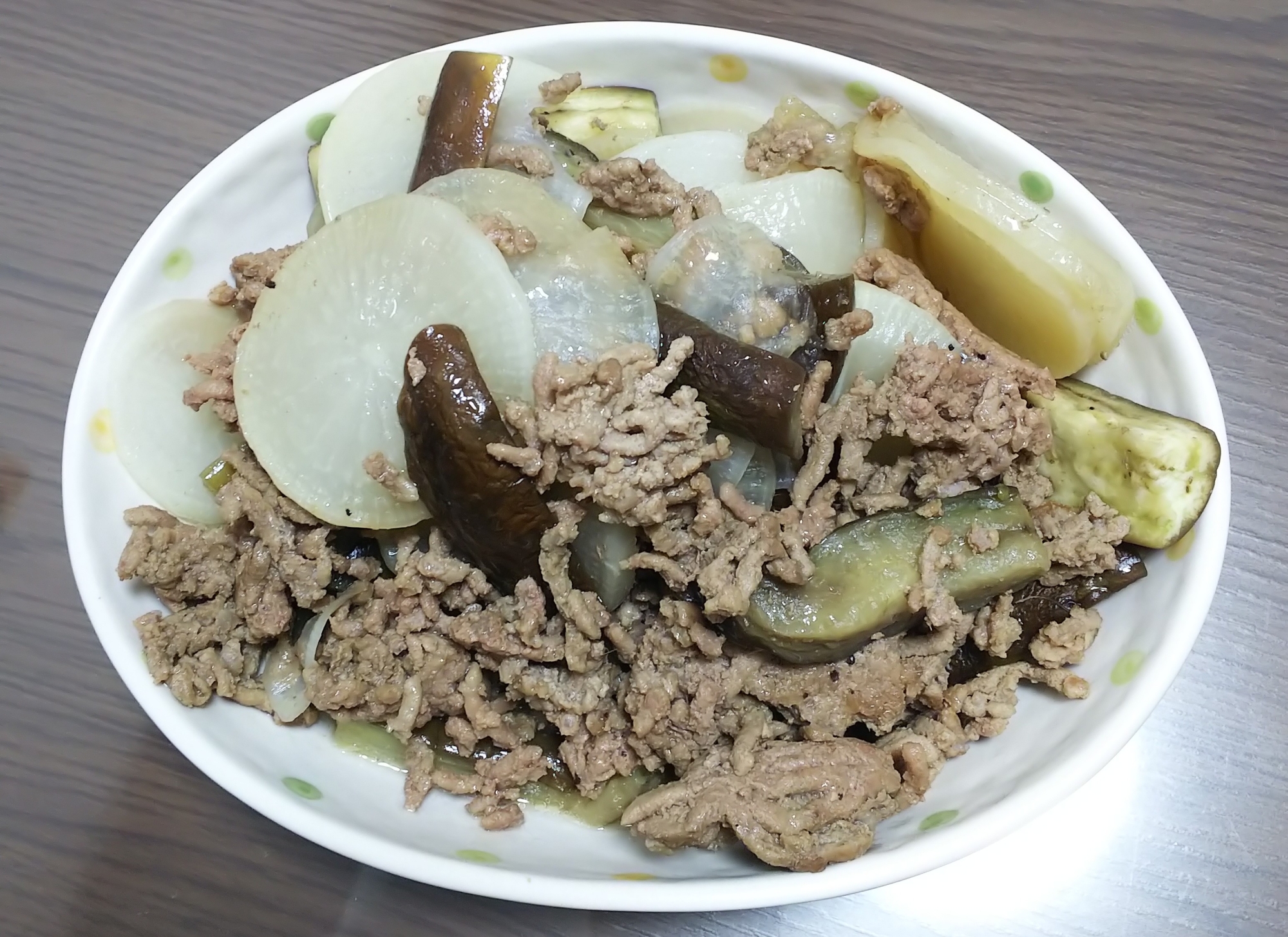 茄子大根の無水ひき肉煮