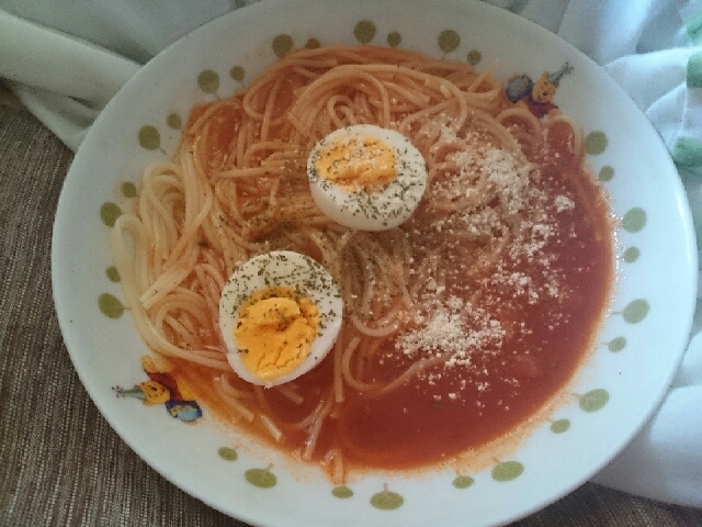 キムチの素で辛旨トマトソースの卵乗せパスタ レシピ 作り方 By 結后 楽天レシピ