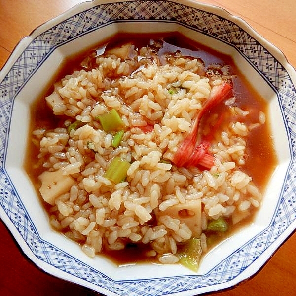 5分!水煮レンコン入り❤カニカマ&大根の葉で雑炊♪