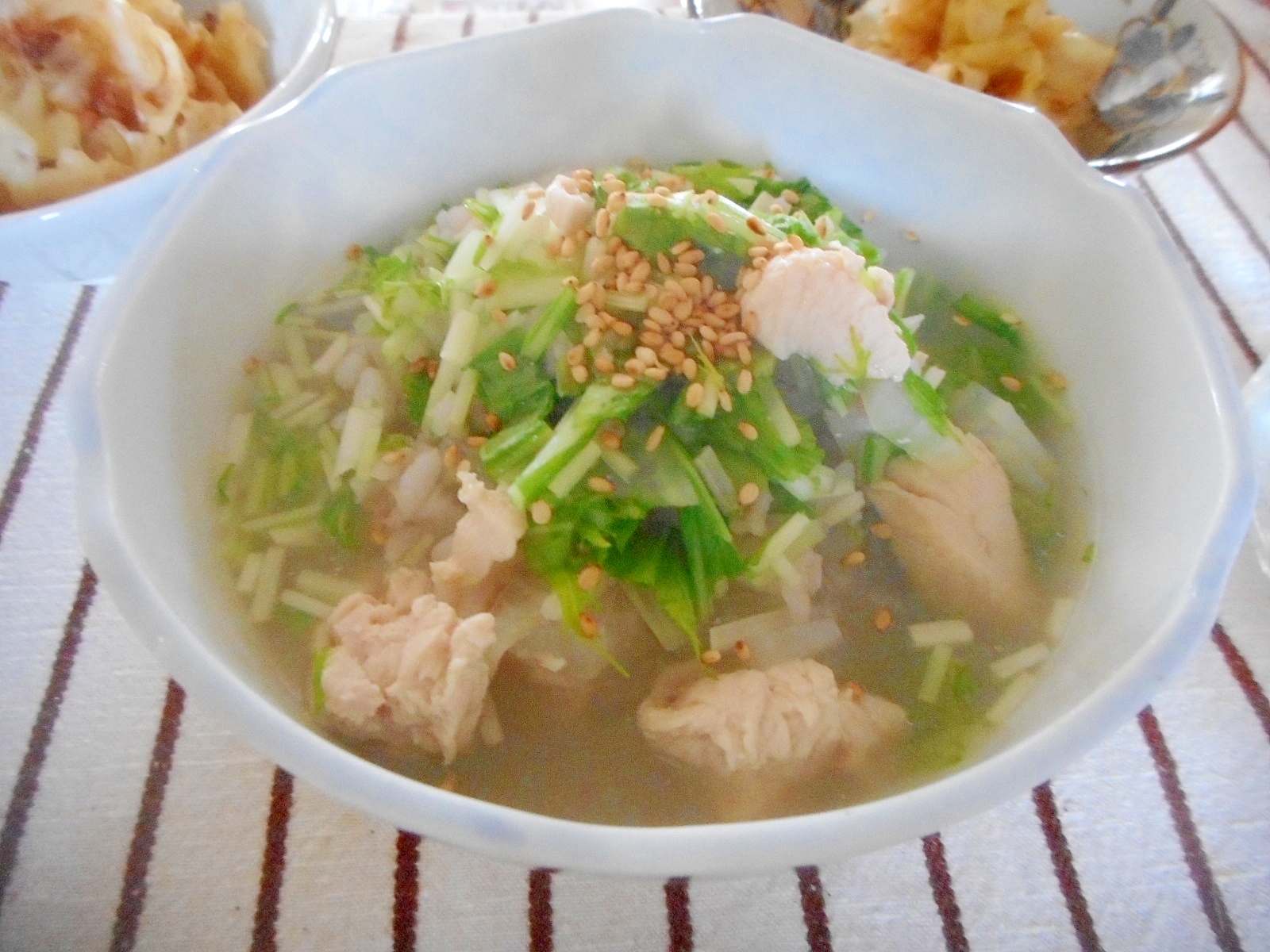 胸肉と水菜の中華風スープご飯
