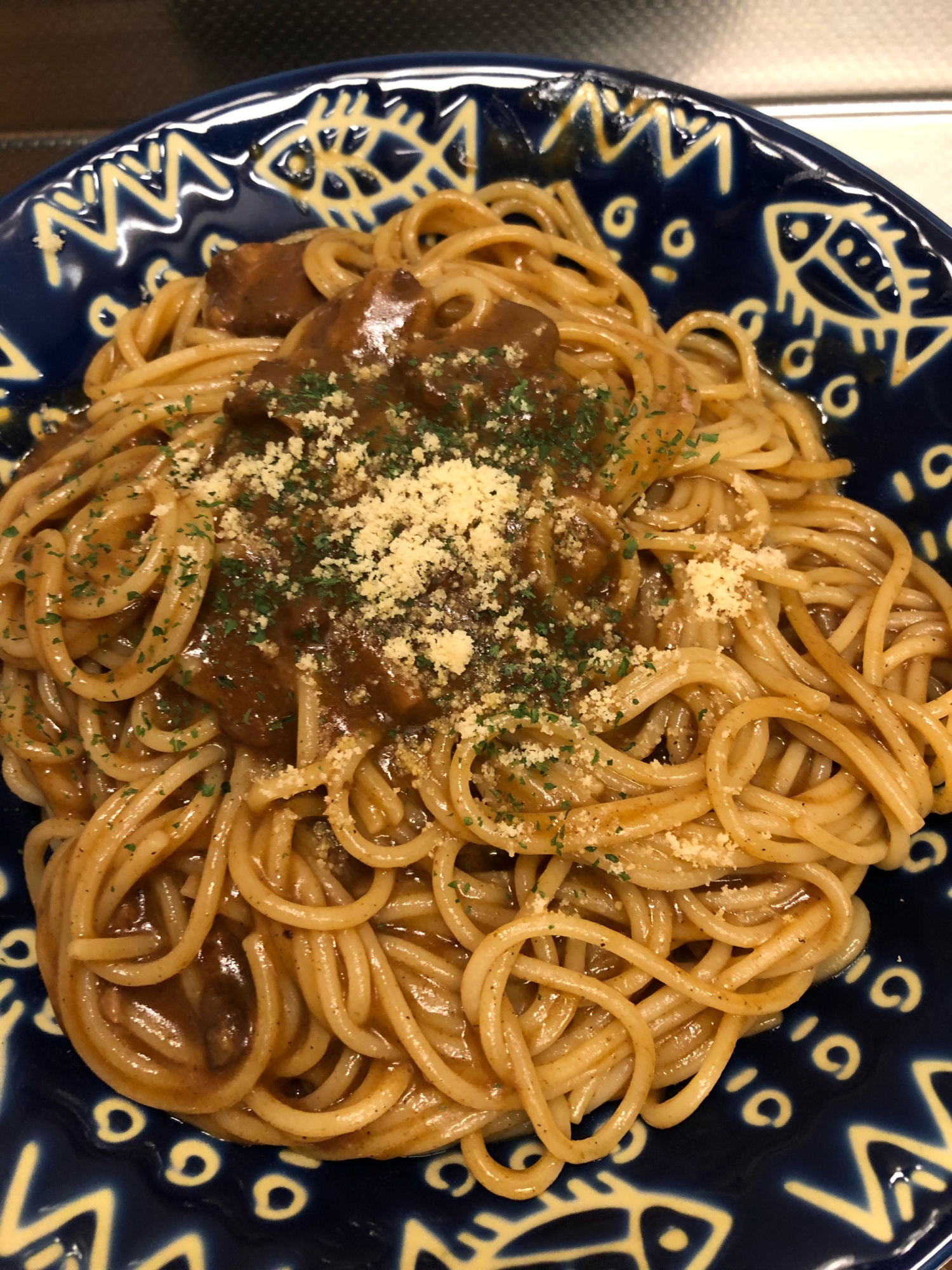 レトルトカレーde焼きカレーパスタ^_^