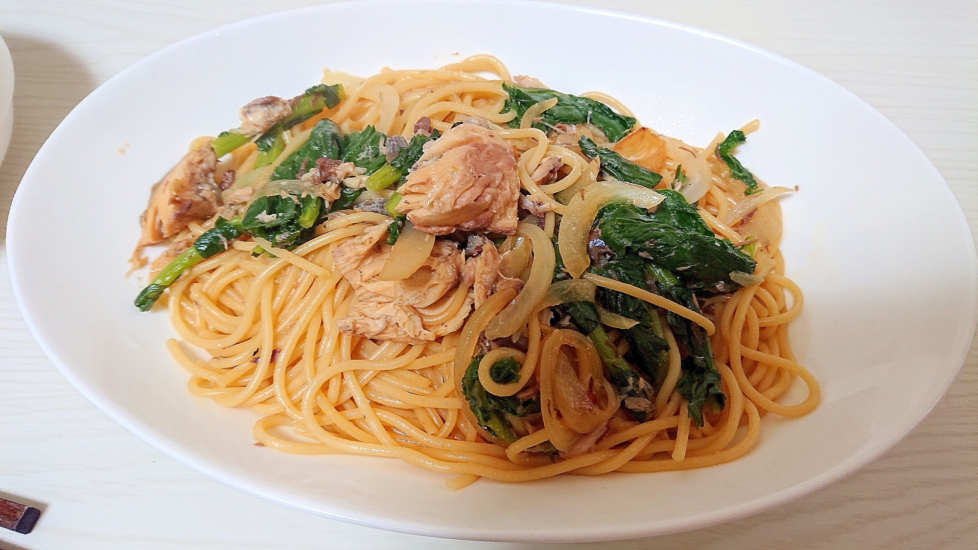 鯖缶とほうれん草の和風パスタ