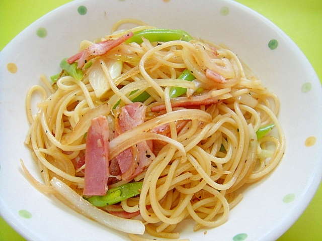 いんげんとベーコンの昆布茶パスタ