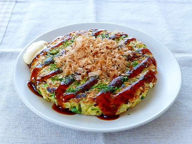 白い皿に盛られためかぶ生地のお好み焼き