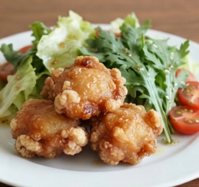 鶏の唐揚げ♡春菊レタストマトサラダ
