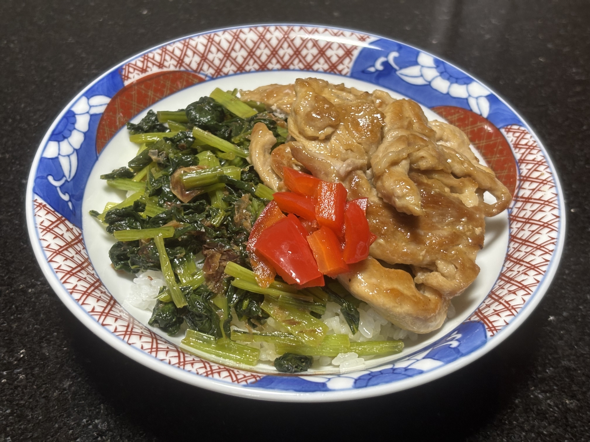 豚コマと小松菜の丼〜♪