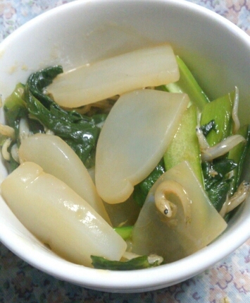 小松菜と蒟蒻のしらす炒め