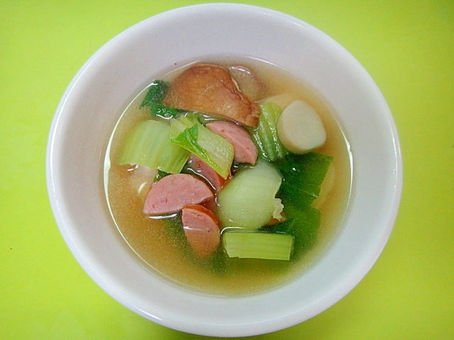 チンゲン菜とエリンギフランクフルトのスープ