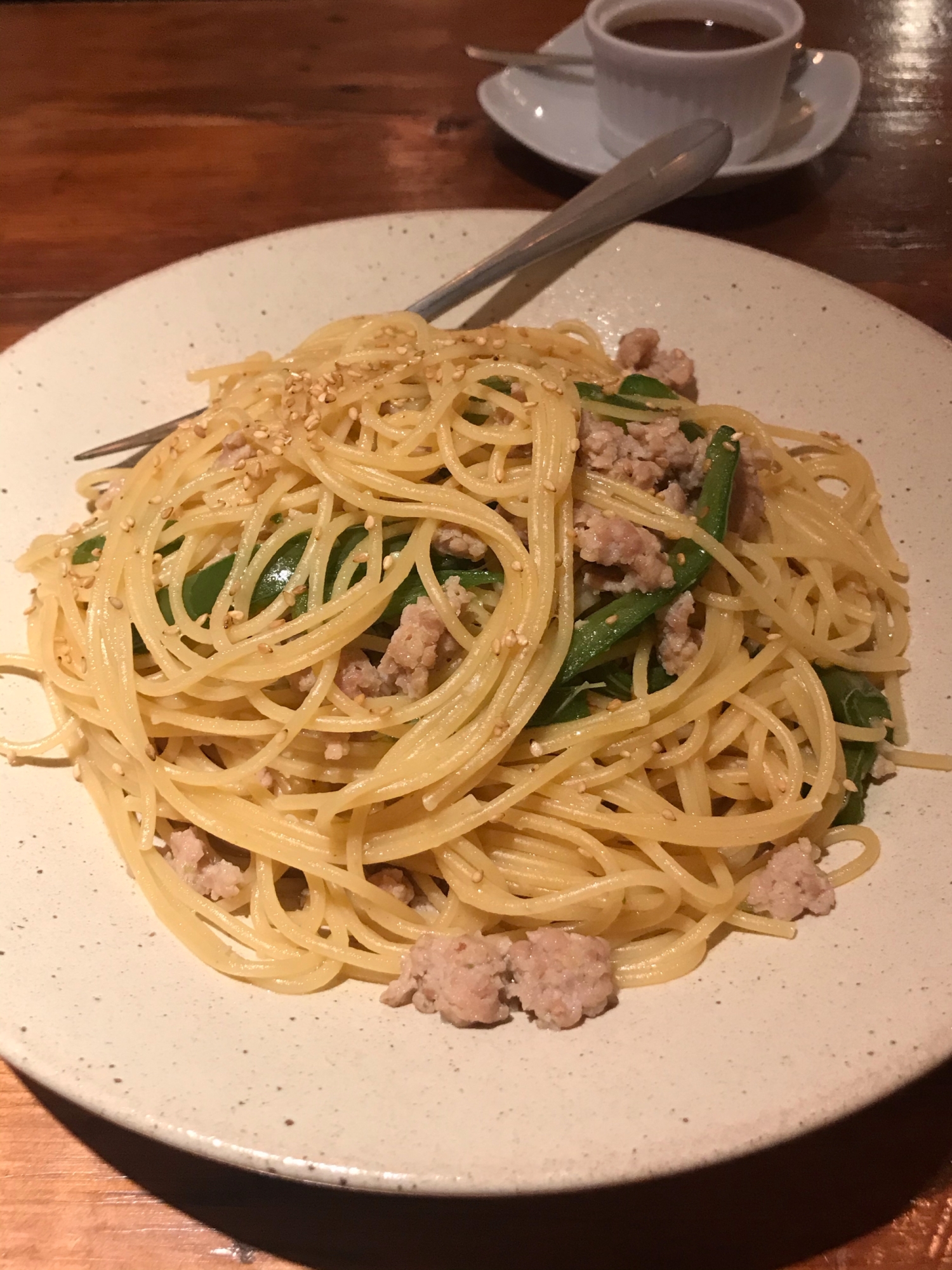 鶏ひき肉とピーマンのペペロンチーノ♫