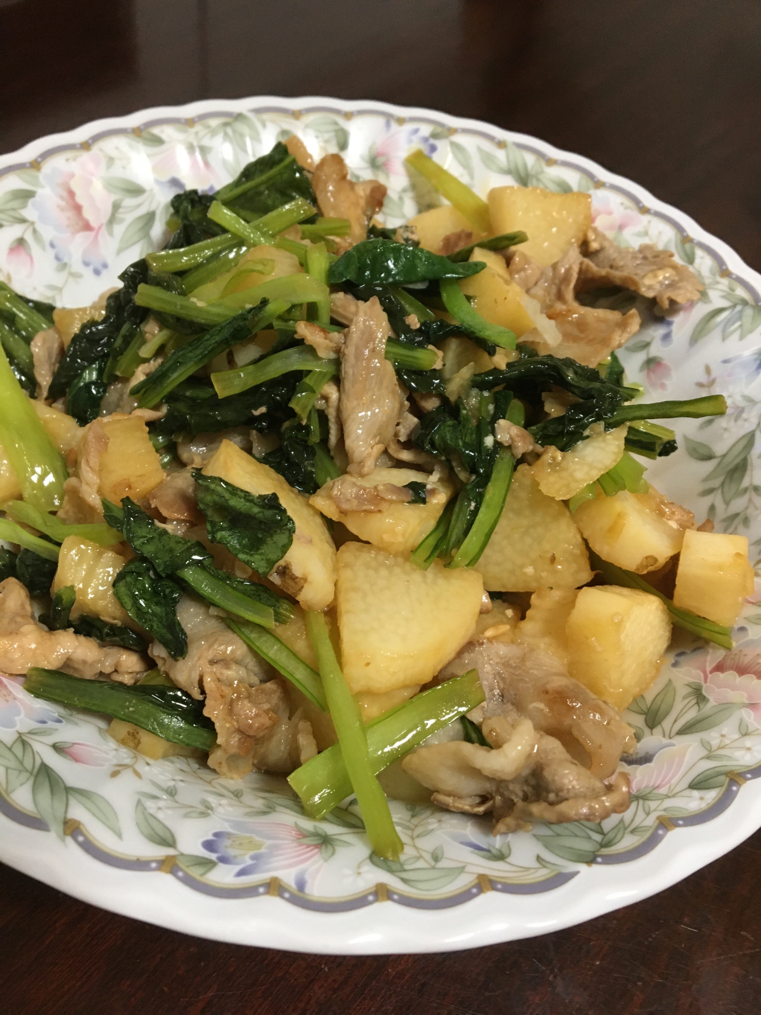 長芋と小松菜の甘辛味噌炒め