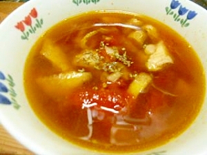 鶏モモとトマトと乾燥舞茸のスープ・エスニック風味