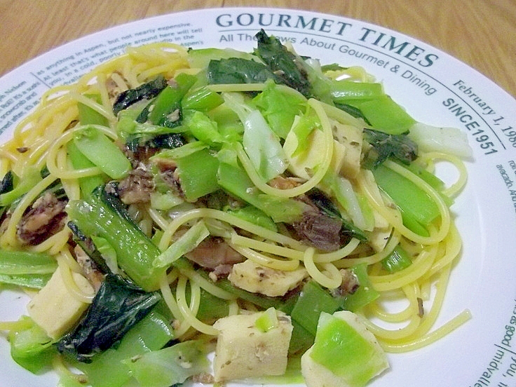 鉄分たっぷり♪いわし缶と小松菜の和風パスタ♪