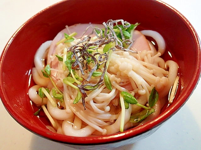 ハム・えのき茸・豆苗・塩昆布の半うどん（温）