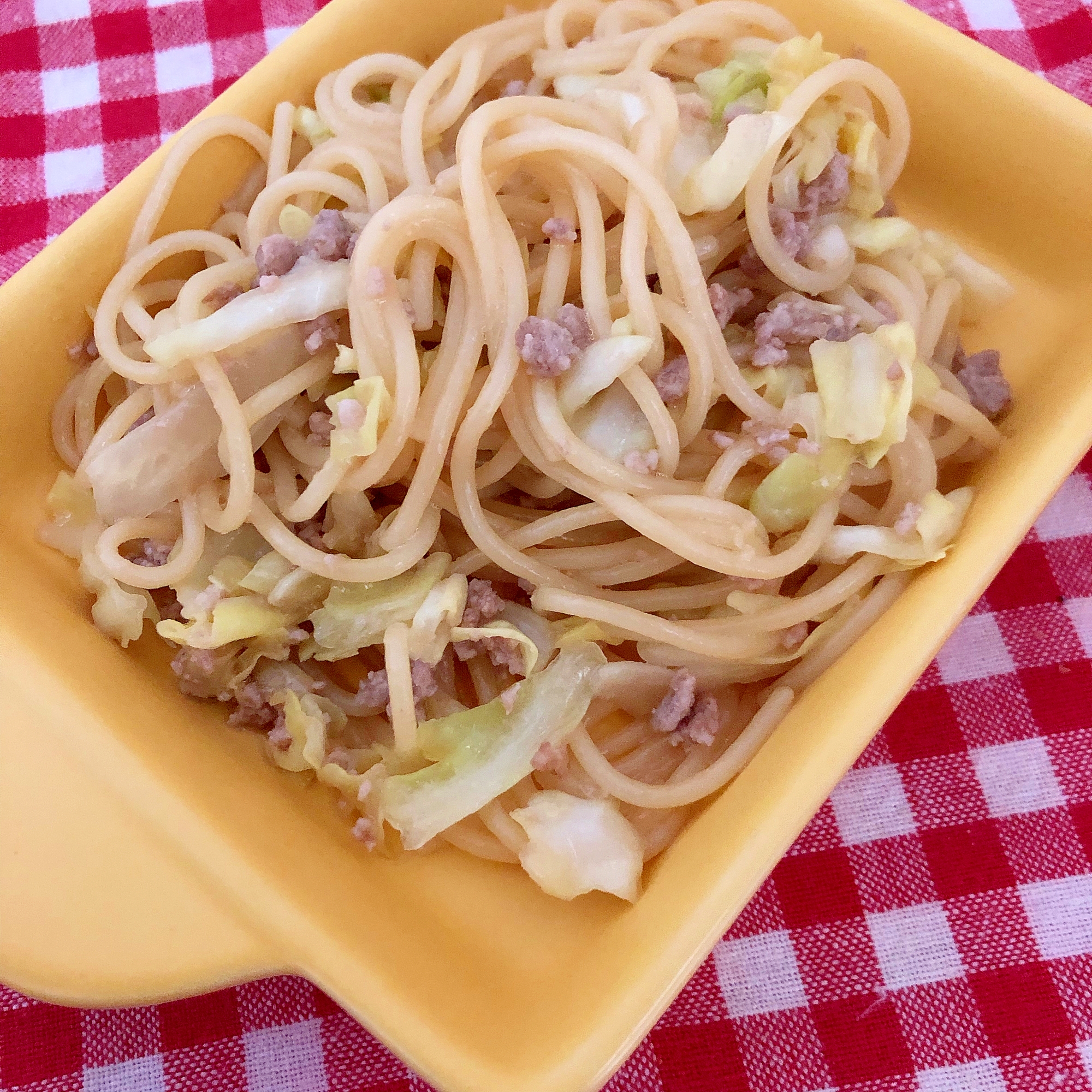 キャベツとひき肉の麺つゆパスタ☆彡