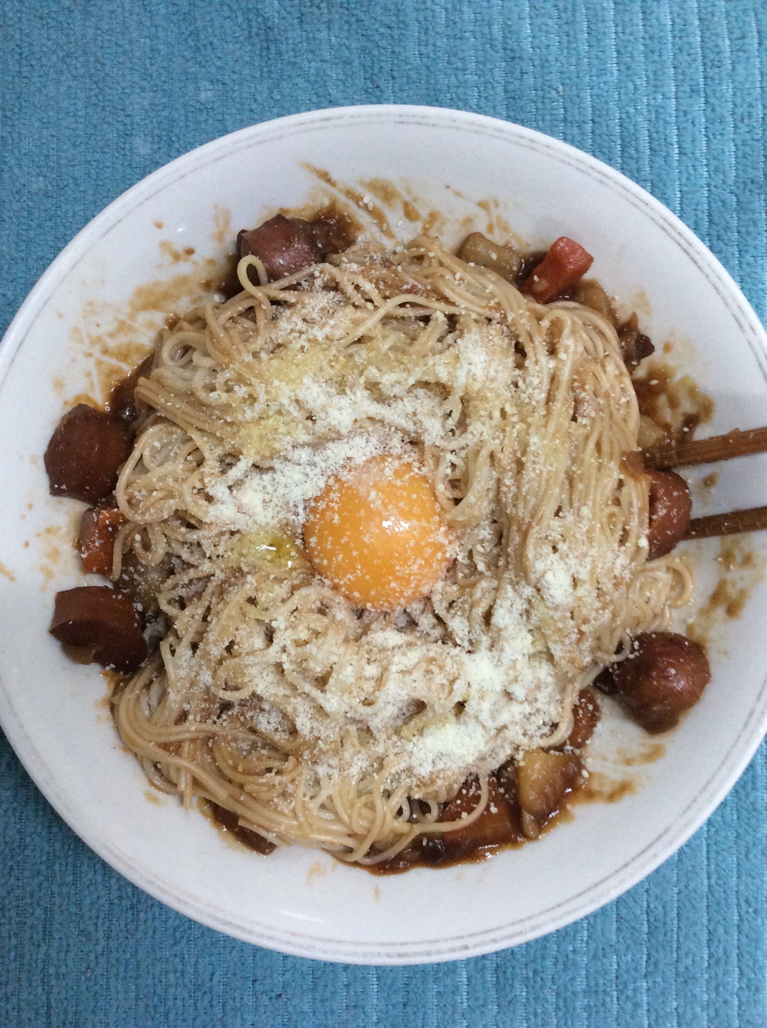 シチューリメイク♪ビーフ釜玉そうめん