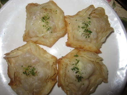 「餃子の皮のおつまみ」で検索して、巡り会えてよかったです♪（いびつさをごまかす為に、パセリ振りました）