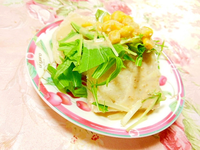 オオバコ入りおから餅ｄｅ❤水菜の山葵胡麻ドレ❤
