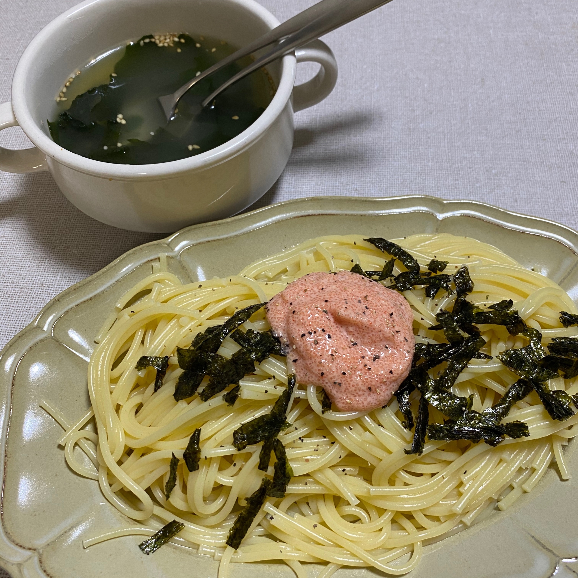 時短☆明太子パスタとワカメのスープ