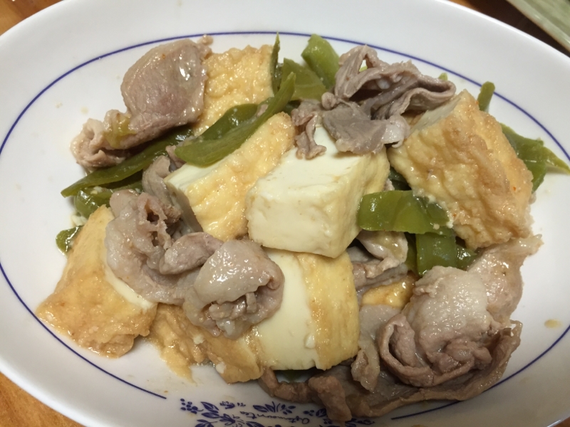 豚肉と厚揚げ、ピーマンの味噌マヨ炒め