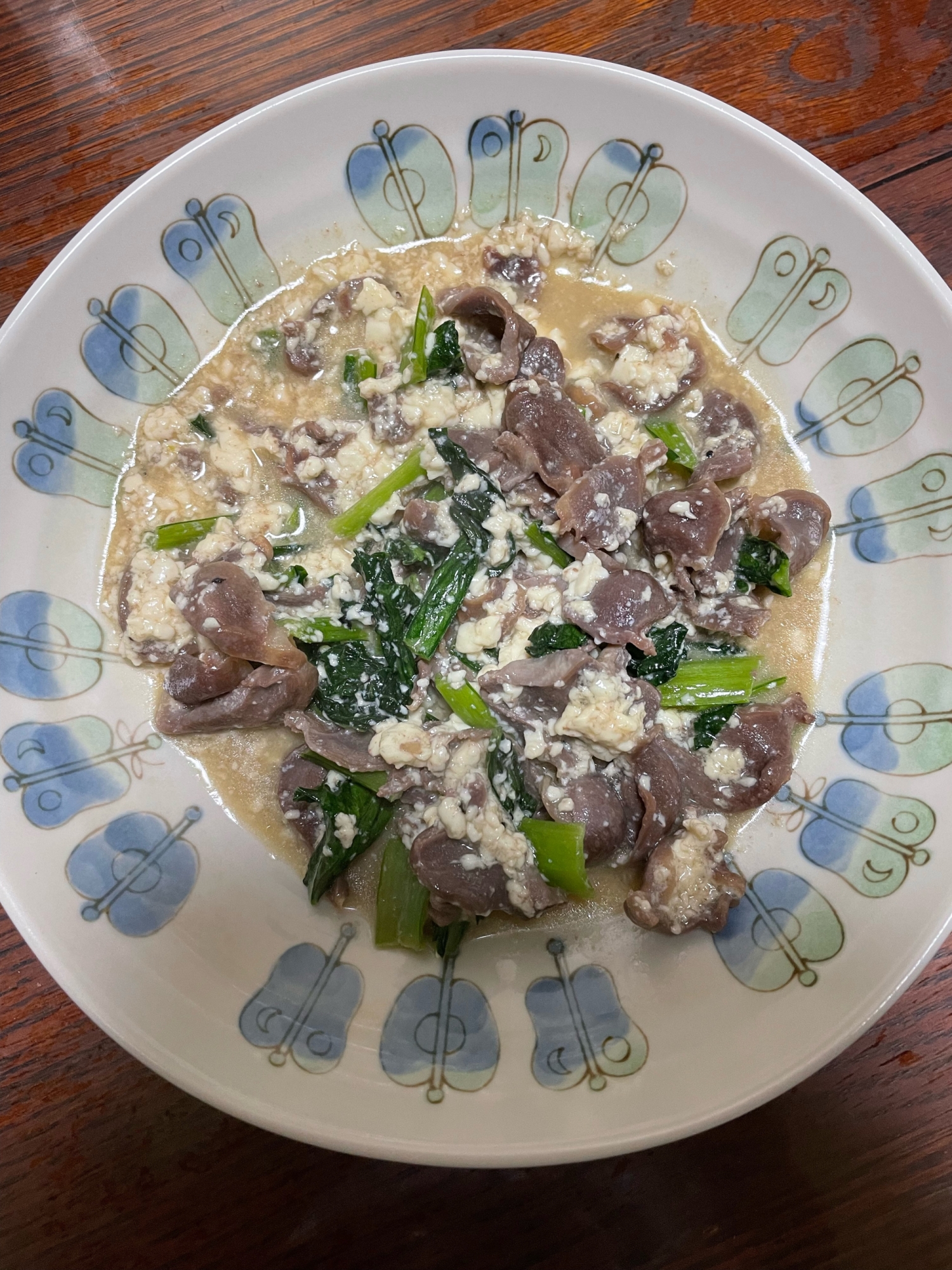 鶏砂肝と豆腐とコマツナのオイスター炒め