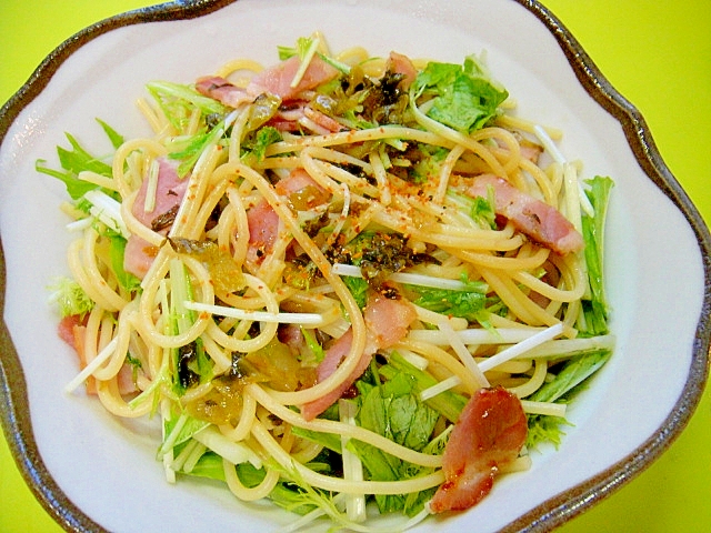 高菜とベーコン水菜のハーフパスタ