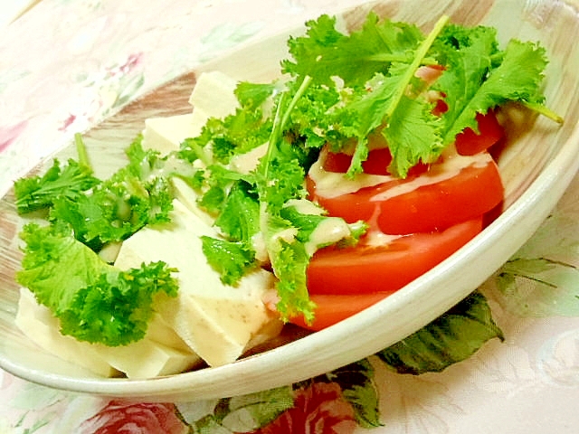 風味良く❤ワサビ菜と豆腐とトマトの簡単サラダ❤