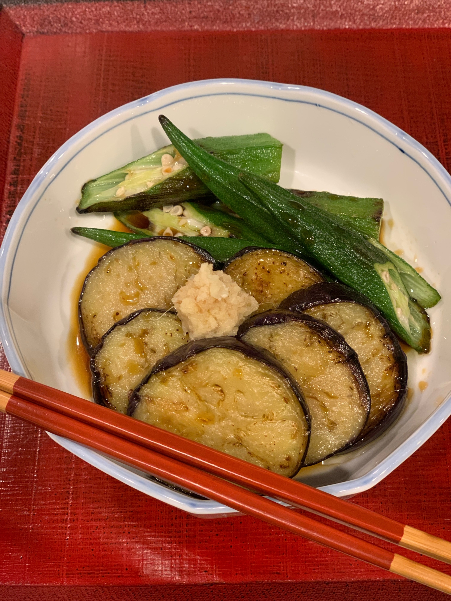 大きくなったオクラと茄子の揚げ浸し