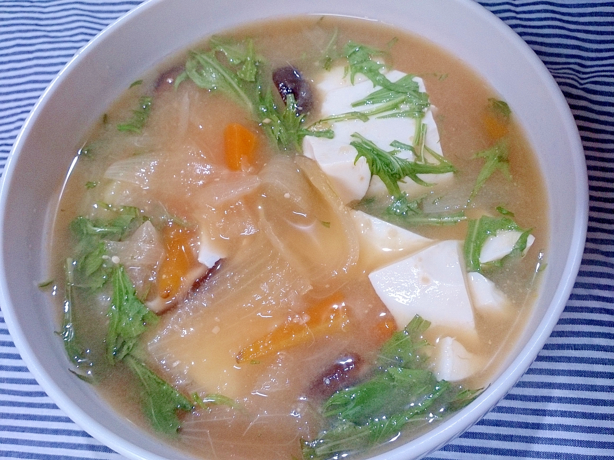 水菜と玉ねぎ 人参 椎茸 豆腐の味噌汁