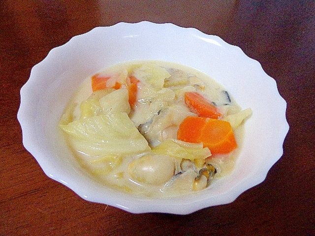 たっぷりキャベツと牡蠣の簡単豆乳スープ