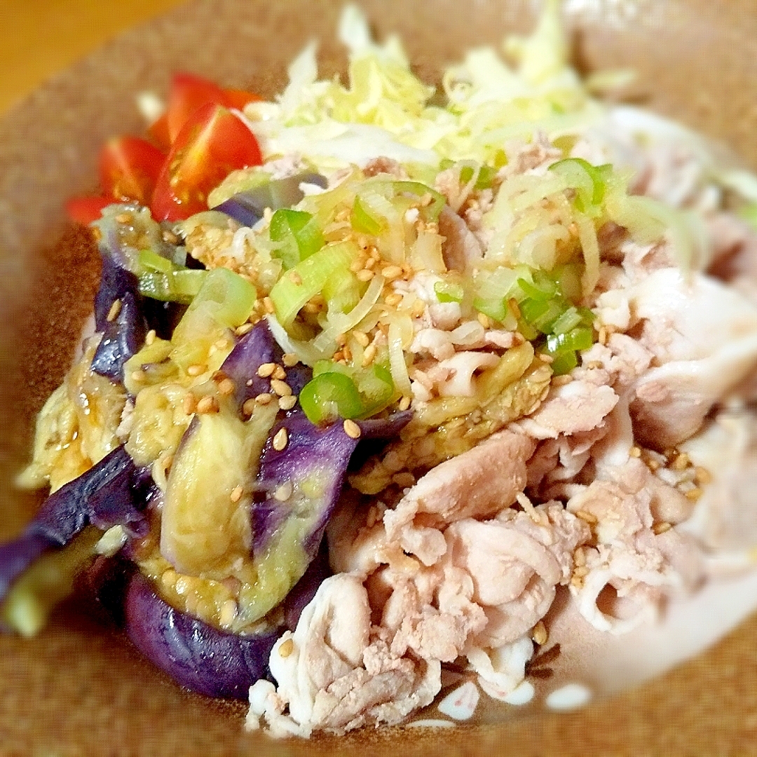 長ねぎとしょうがのポン酢しょうゆタレがかかったなすと豚肉の冷しゃぶ