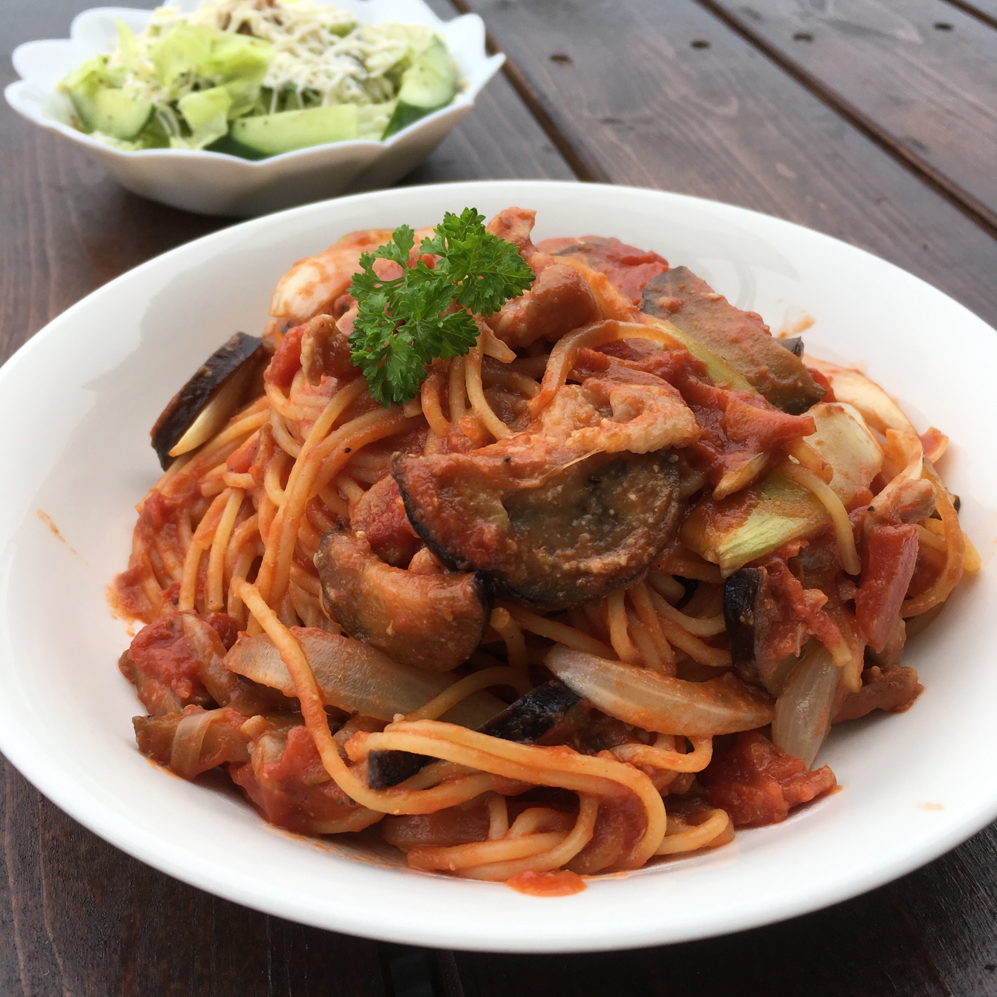 ナスと豚こま肉の味噌ケチャップパスタ♪