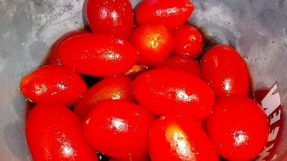 大量の自家収穫ミニトマトを投入！
しっかり漬かったものも浅漬のものも美味しかったです♪
ごちそうさま(๑´ڡ`๑)