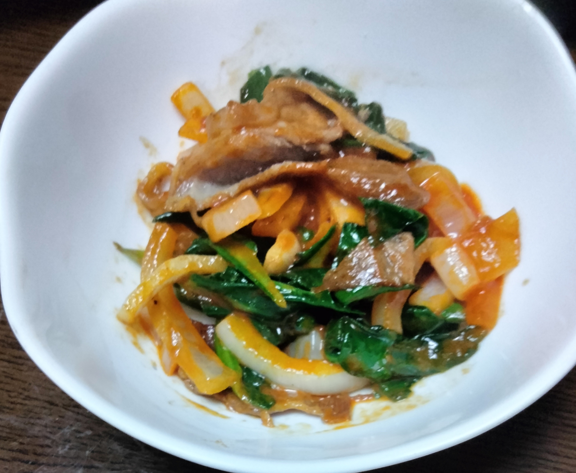 豚こま小松菜玉ねぎのマヨケチャ炒め