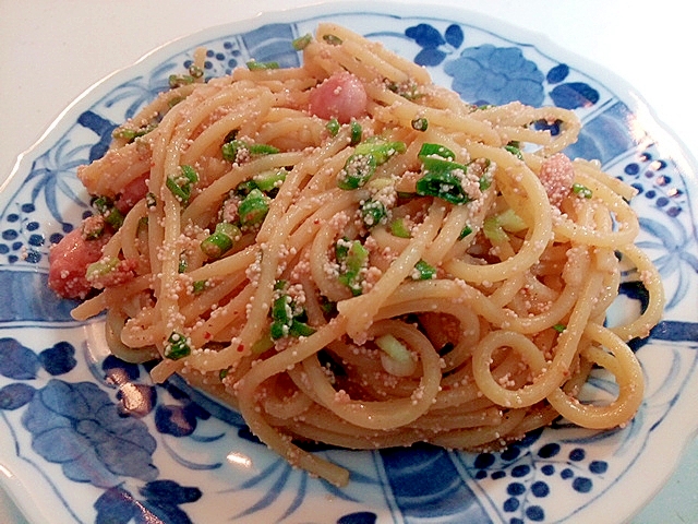 追いがつおつゆで　辛子明太子と葱のパスタ