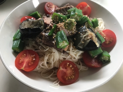 ナスの揚げ浸しも入れてみました。手早くできて適度にボリュームもあり、夏の昼食にぴったりです。