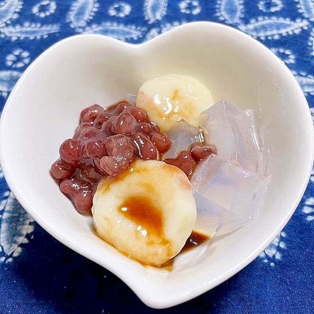 豆腐白玉とゆであずきと寒天の黒蜜かけデザート レシピ・作り方 by