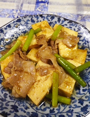豚バラ豆腐ニンニクの芽の生姜焼き