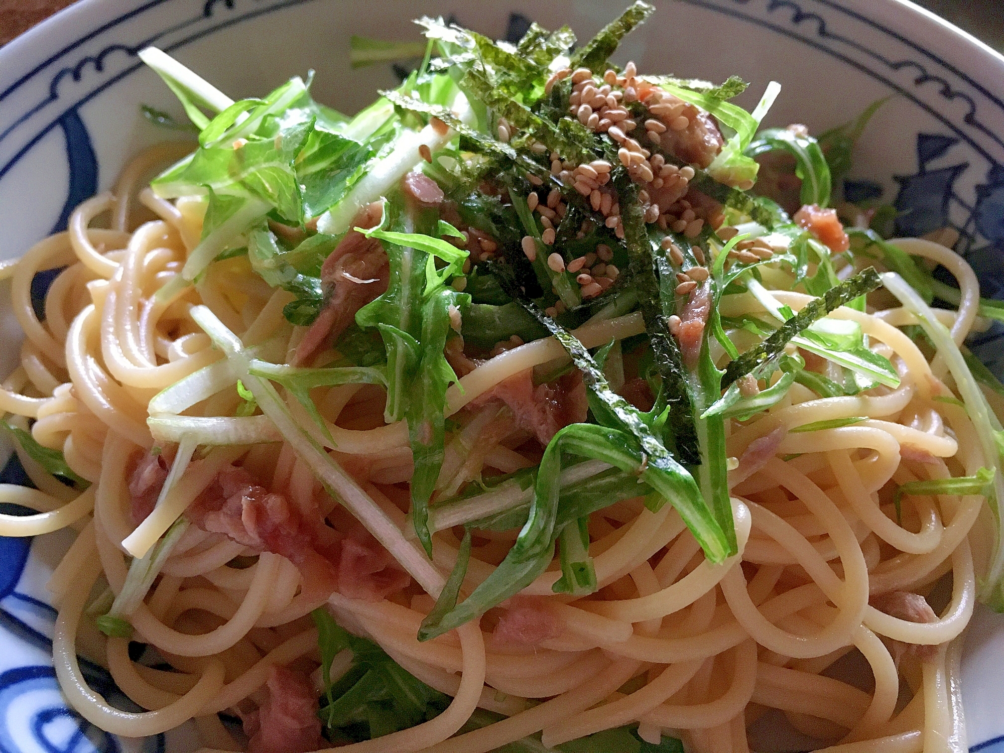 ツナと水菜と梅肉のパスタ