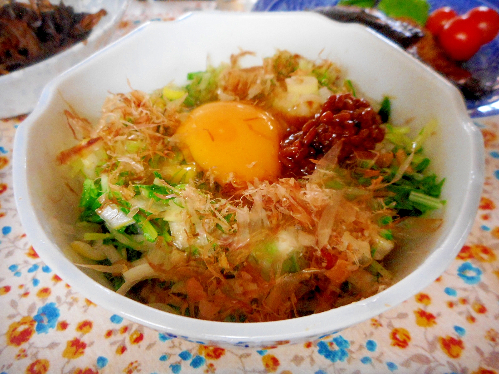 ネギと水菜の醤油麹卵かけご飯