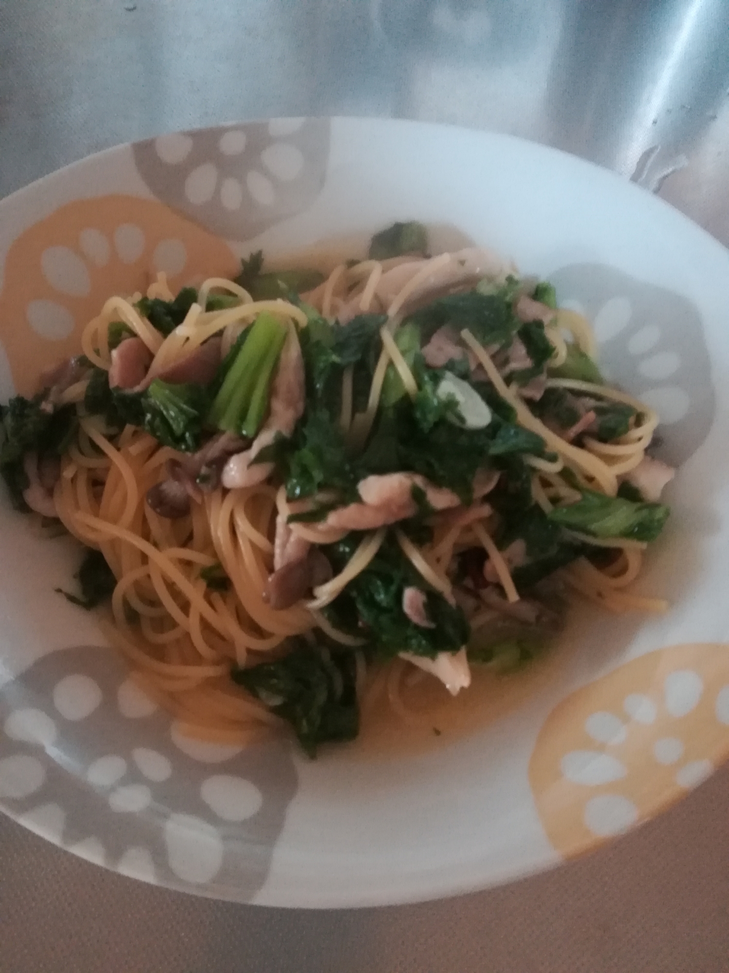 わさび菜とベーコンのパスタ