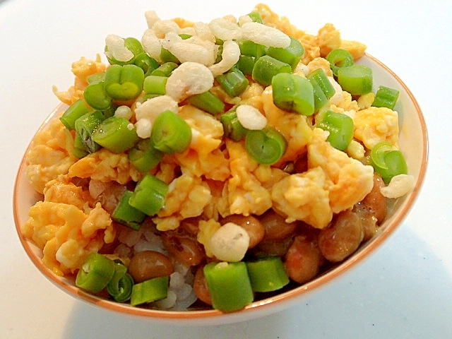 納豆と炒り卵といんげん豆と天かすのご飯♬