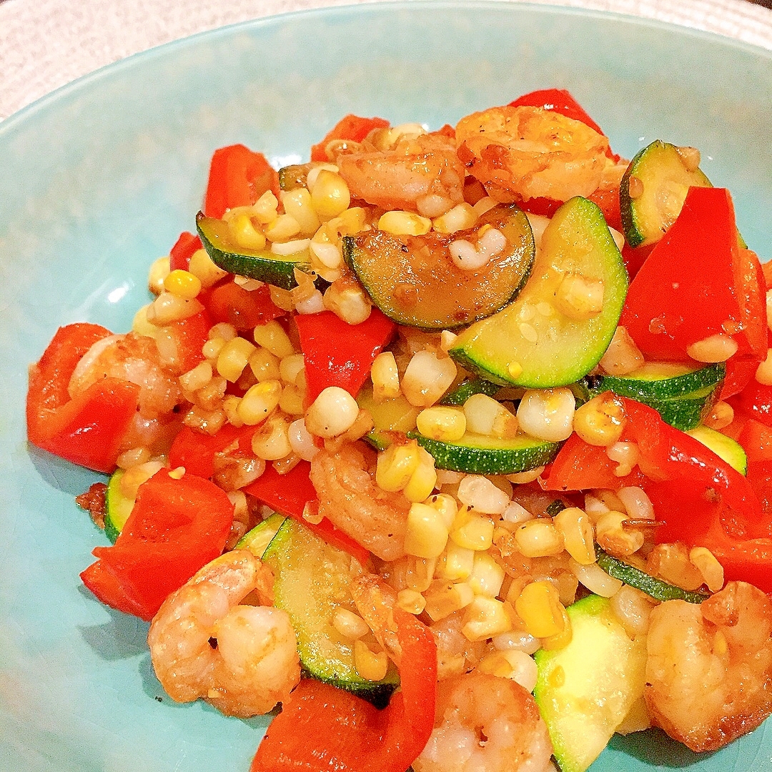 カラフル夏野菜と☆エビの中華炒め