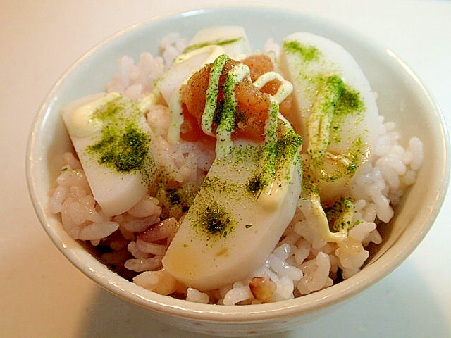 三十雑穀で　板蒲鉾と明太子の麺つゆマヨご飯