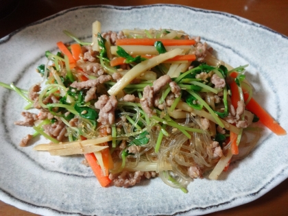 細切りにしているので火の通りも早くパッと作れますね。
ツル～っとした春雨と筍の食感がイイですね！
ご飯にピッタリで、ペロッと完食^m^
とても美味しかったです♪